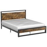 A bed featuring a wooden frame and a sleek metal headboard, designed for comfort and style.